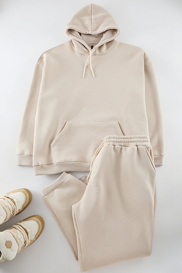 Büyük Beden Taş Oversize/Geniş Kesim Kapüşonlu İçi Polarlı Sweatshirt-Eşofman Takımı TMNAW25TS00000 - 2