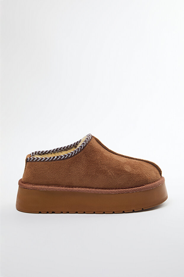 Brązowe haftowane, szczegółowe, futrzane, grube podeszwy, damskie botki do kostki TAKAW25BO00028 - 5