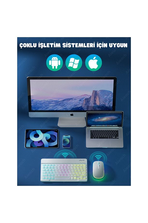 Aydınlatmalı Bluetooth Uyumlu Klavye Mouse 7 Renkli Tablet Telefon Android iOS Windows  Fare Klavye - 2