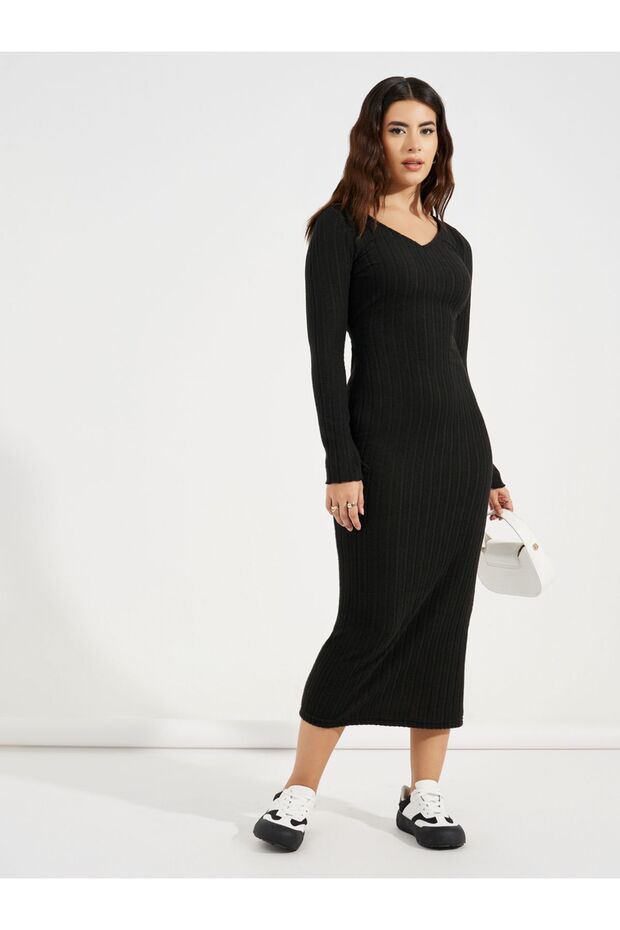 V Neck Basic Rib Bodycon Midi Dress