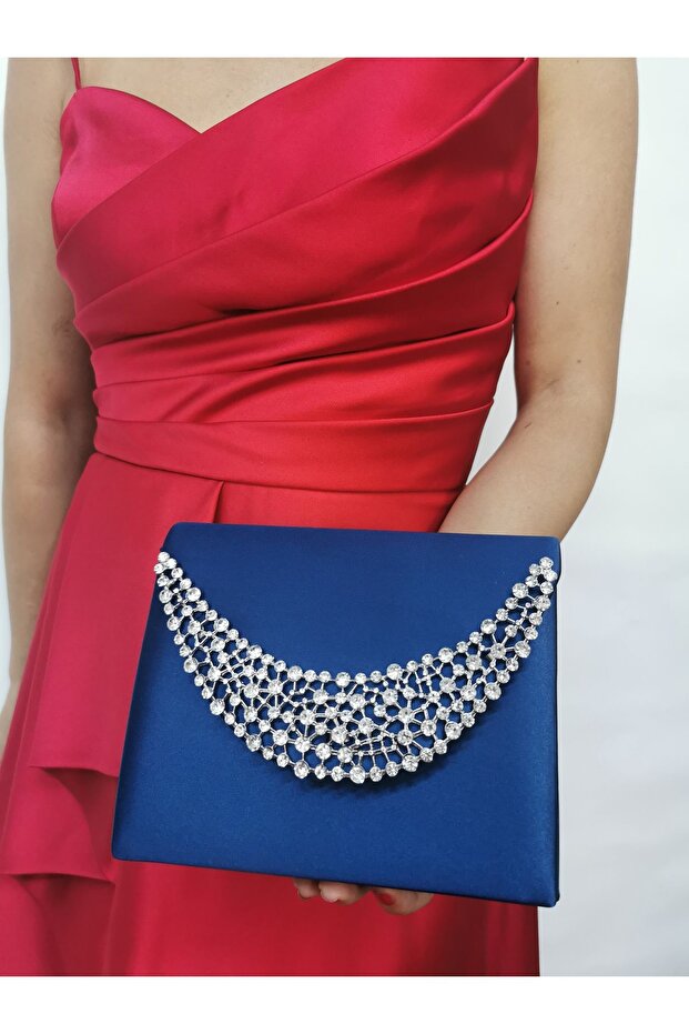 Women's Stoned Satin Navy Blue Evening Dress Clutch Chain Strap Hand Wedding Engagement Night Shoulder Bag