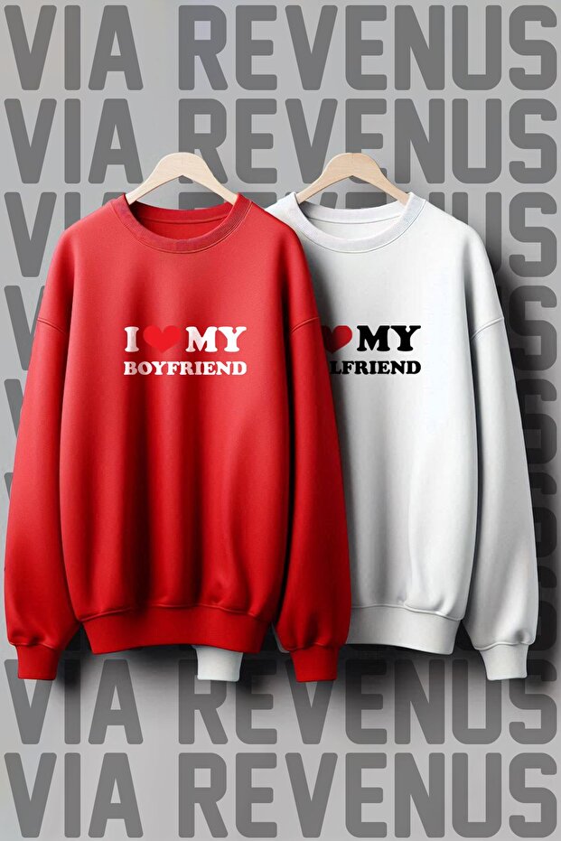 I Love Boyfriend / Girlfriend Printed Crew Neck 3 Thread Threaded Wide Fit Lover Sweatshirt