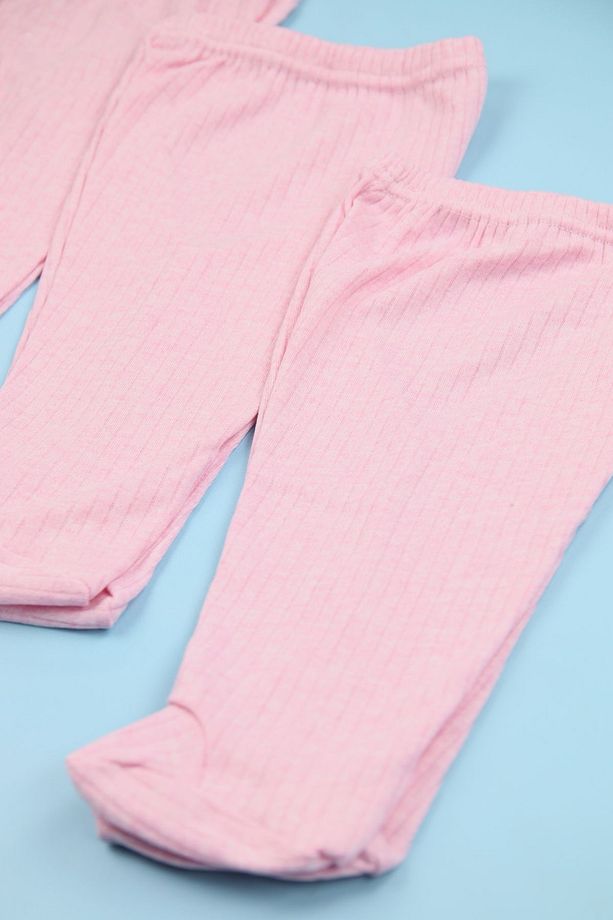 Fitilli Kumaş %100 Pamuk 3'lü Patikli Pembe Bebek Tek Alt Seti, Bebek Pijama Altı - 2