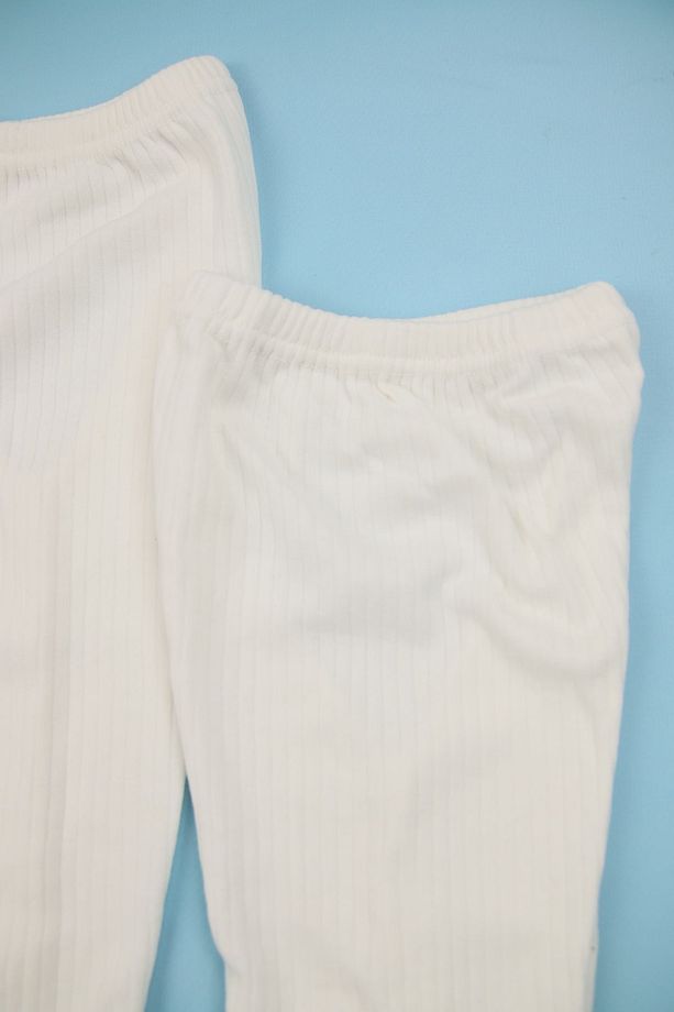 Fitilli Kumaş %100 Pamuk 3'lü Patikli Beyaz Bebek Tek Alt Seti, Bebek Pijama Altı - 4