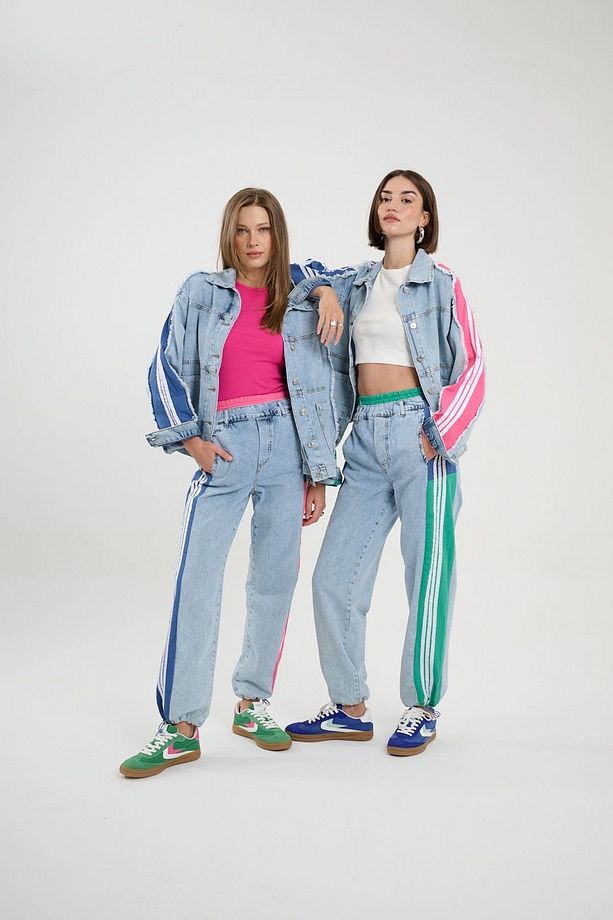 Kadın Renk Şeritli Kot Ceket ve Kot Pantolon Jean Baggy ve Jogger Model - 5