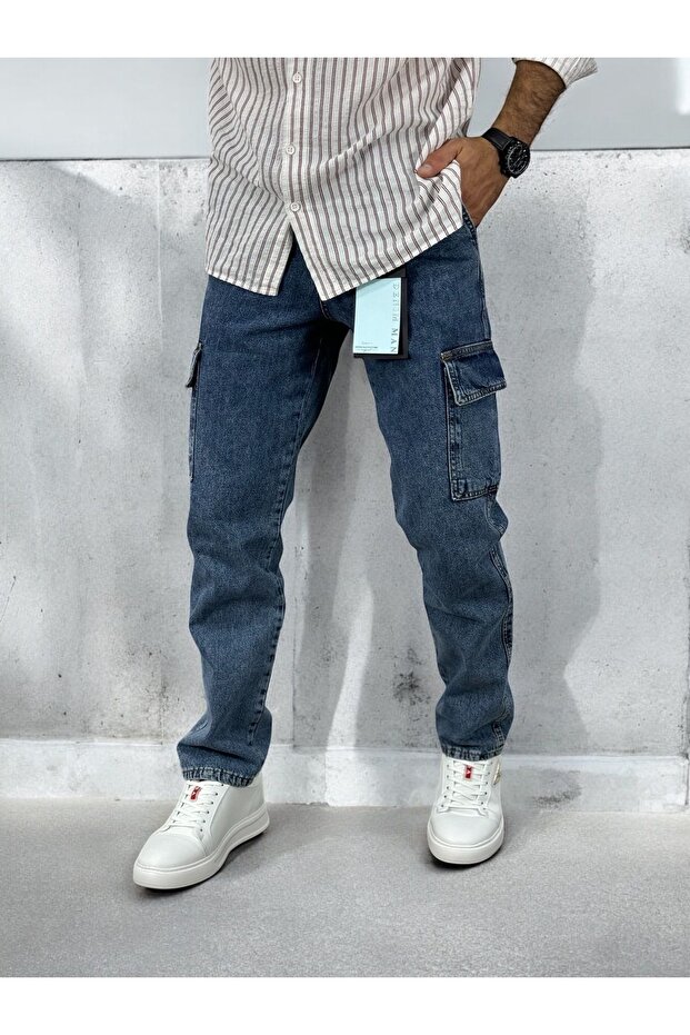 Men's Navy Blue Baggy Fit Cargo Jean Trousers