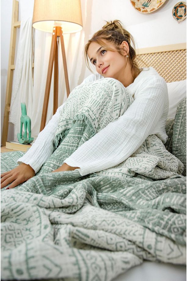 Aztek Desen Tek Kişilik 160 X 240cm Yatak Örtüsü/1 Adet 50x70cm Yastık 4 Kat Multi Muslin %100 Pamuk - 4