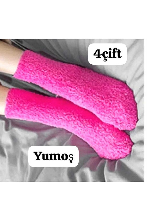 4 Çift Peluş Uyku Çorabı Renkli Yarım Konç Welsoft - 1