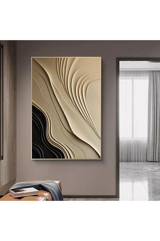 Tekli Gold Metal Çerçeveli Dalga Doku Poster Cam Tablo Seti - 1
