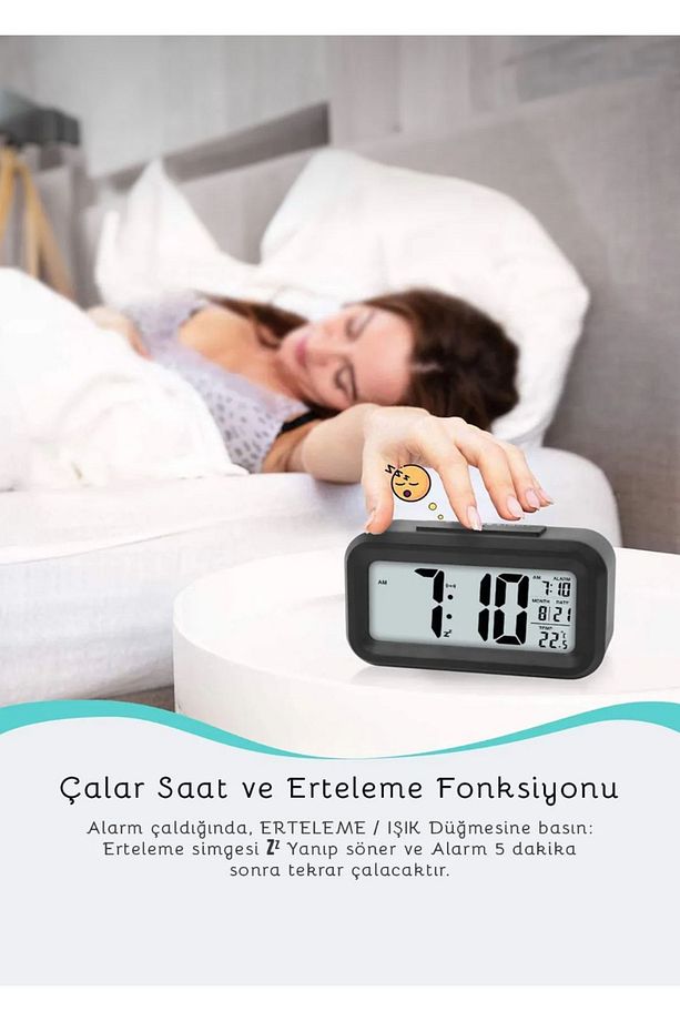 Lcd Işıklı Sensörlü Termometreli Alarmlı Dijital Masa Saati - 6