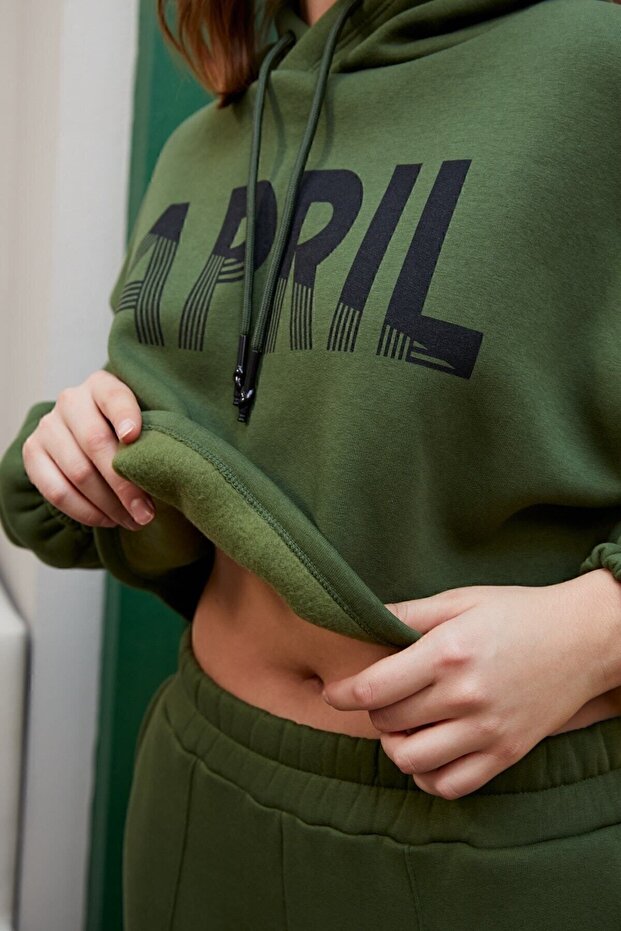 Haki Şardonlu Kısa Sweatshırt - 4