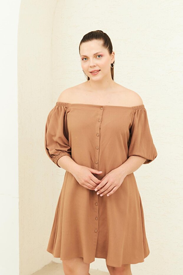 CAMEL DÜĞMELİ KETEN ELBİSE - 1