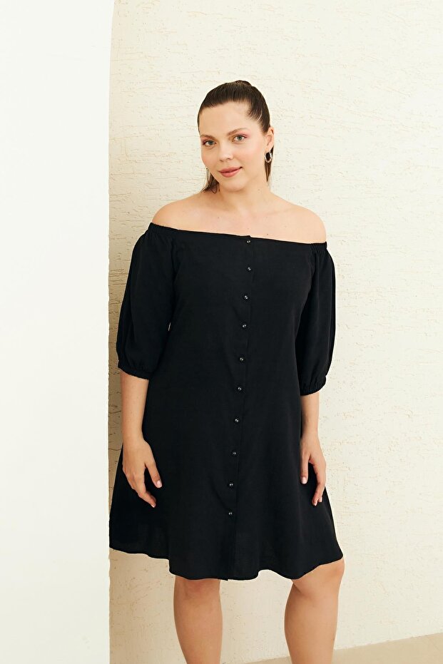 SİYAH DÜĞMELİ KETEN ELBİSE - 2