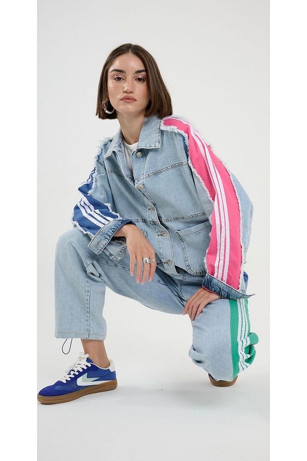Kadın Renk Şeritli Kot Ceket ve Kot Pantolon Jean Baggy ve Jogger Model - 1