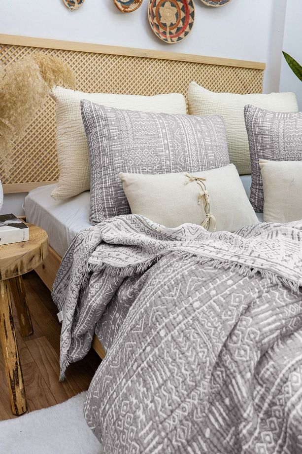Aztek Desen Tek Kişilik 160 X 240cm Yatak Örtüsü/1 Adet 50x70cm Yastık 4 Kat Multi Muslin %100 Pamuk - 1