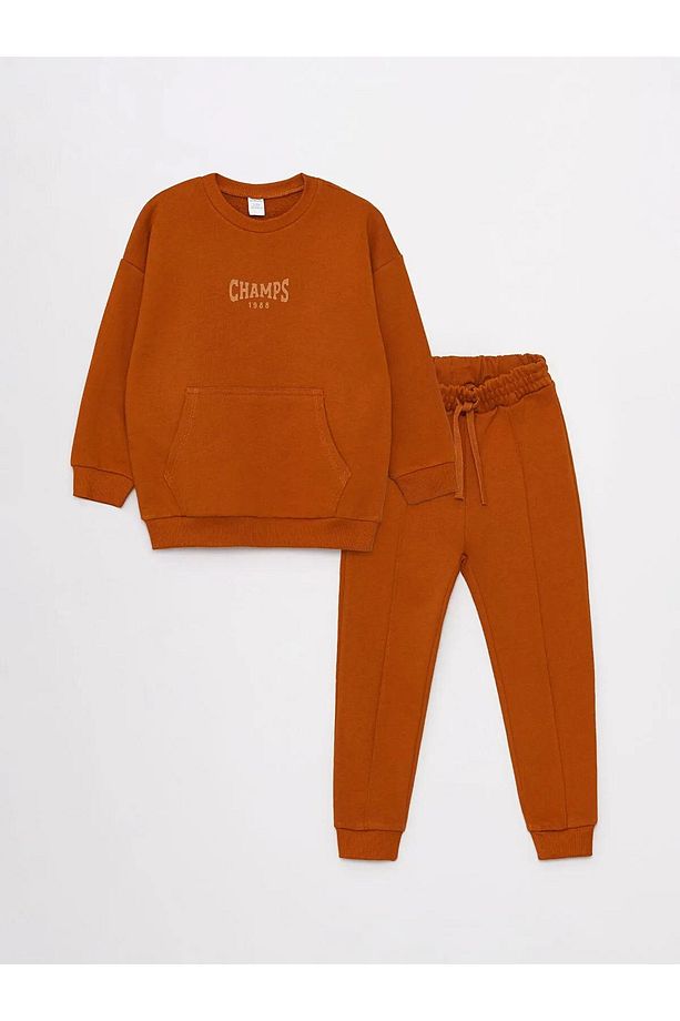 Tütün Kahve Bisiklet Yaka Uzun Kollu Baskılı Erkek Bebek Sweatshirt ve Eşofman Altı 2'li Takım - 1
