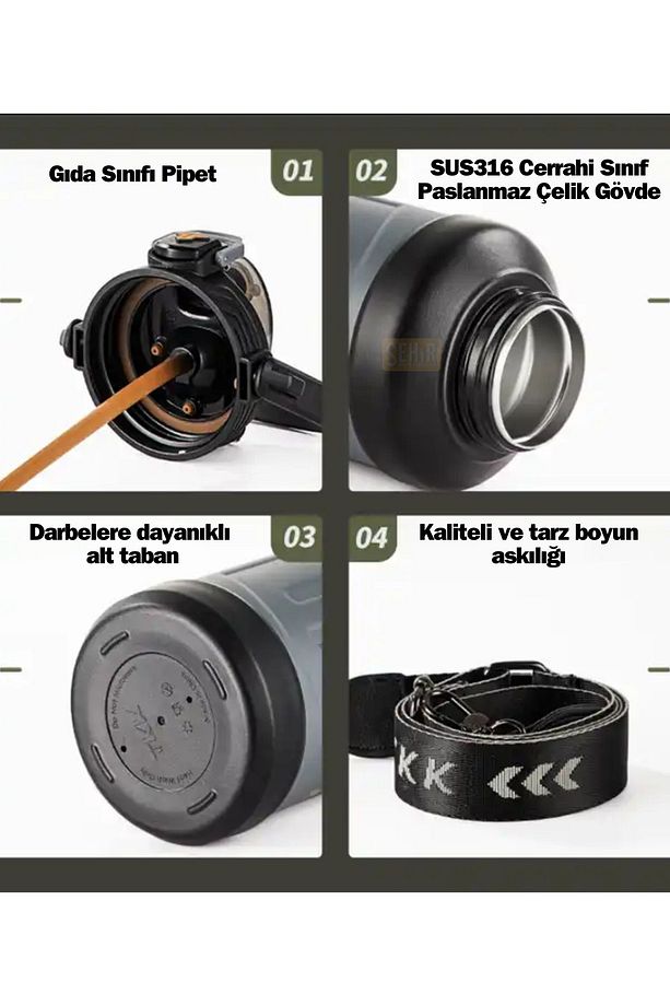 TKK Yeni Koleksiyon 900ml Filtreli Pipetli / Pipetsiz Kullanım Askılı Paslanmaz Çelik Termos Matara - 5
