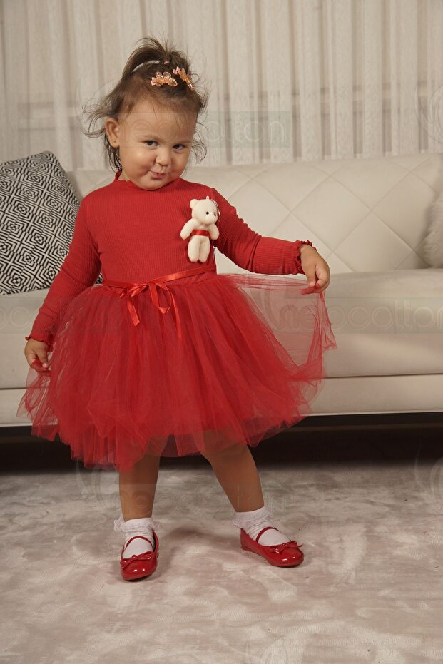 Toy Teddy Bear Print Long Sleeve Lined Girls' Tulle Piece Dress