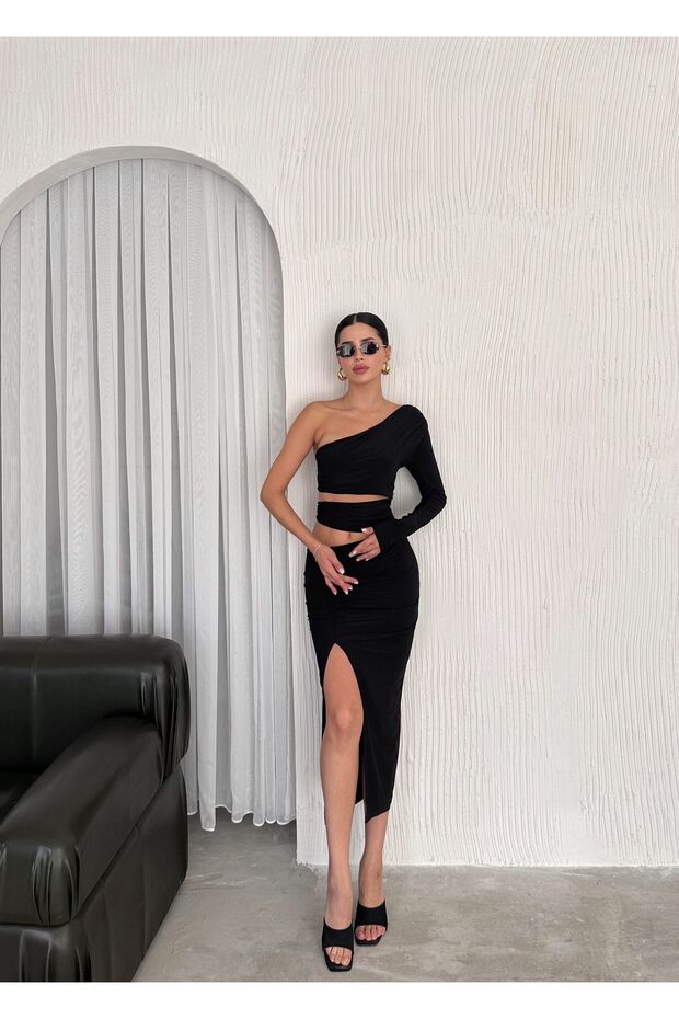 Single Sleeve Low Waist Waist Band Detailed Asymmetrical Collar Side Gathered Slit Long Dress