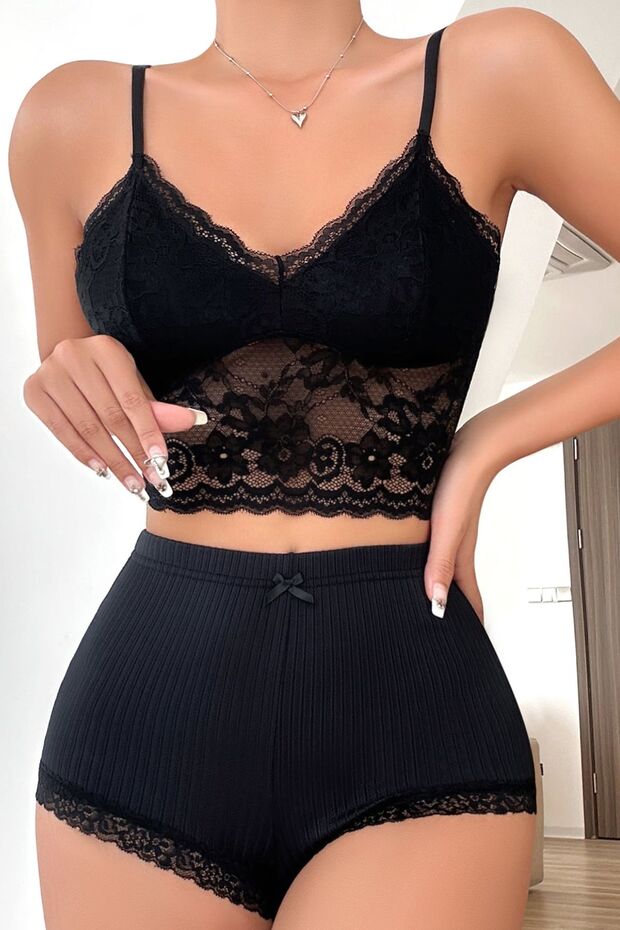 Kadın Kaşkorse Şortlu Dantelli Gecelik Takımı - 1