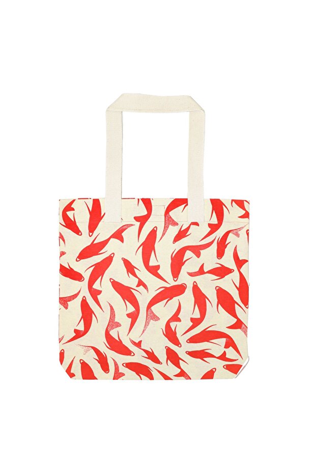Red Fish Patterned Beige Shoulder Bag