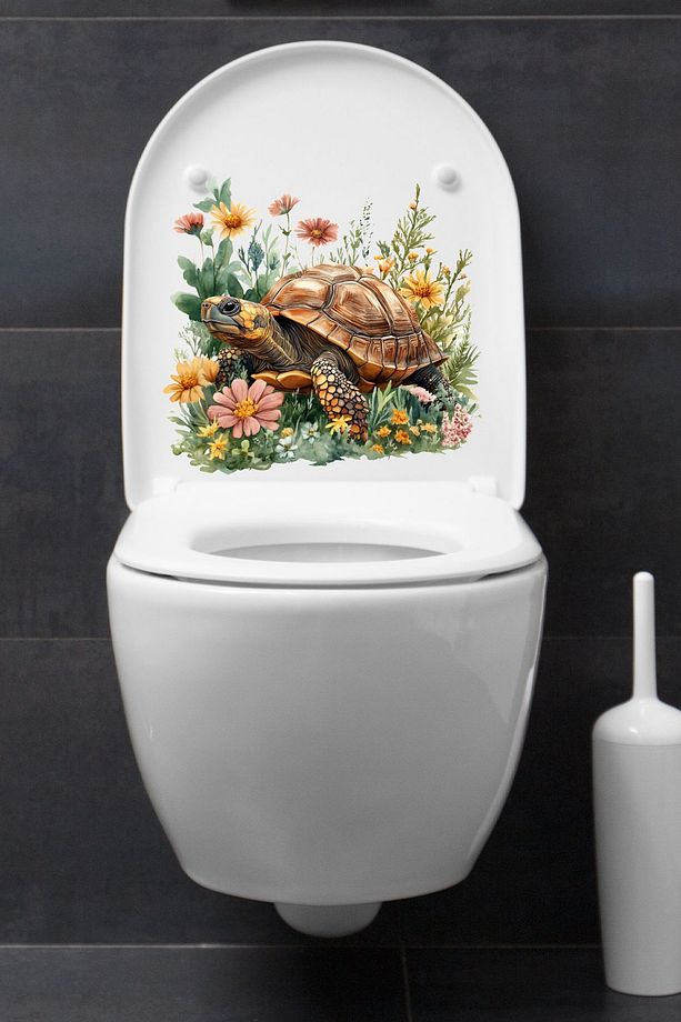 Klozet Sticker Sevimli Kaplumbağa ve Çiçekler Temalı Banyo Tuvalet Sticker - 6