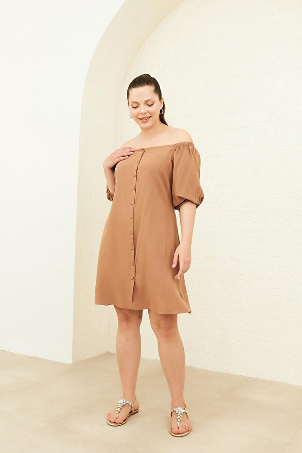 CAMEL DÜĞMELİ KETEN ELBİSE - 4