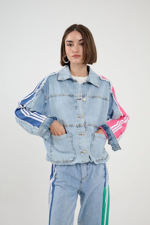 Kadın Renk Şeritli Kot Ceket ve Kot Pantolon Jean Baggy ve Jogger Model - 4