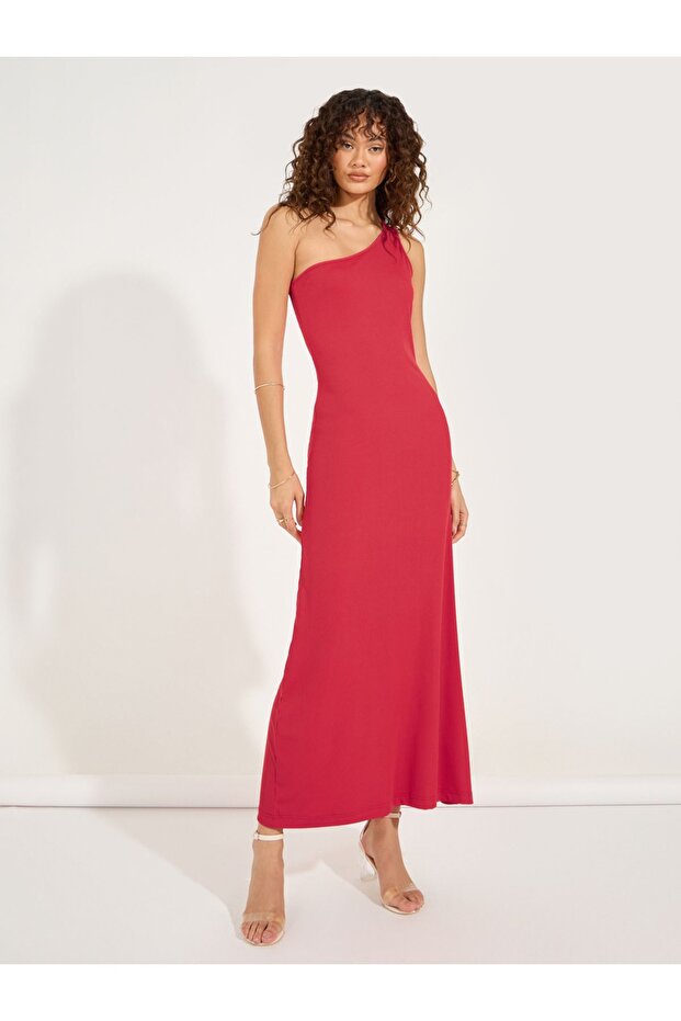 Ribbed Knit One Shoulder Sleeve Sheath Maxi Dress