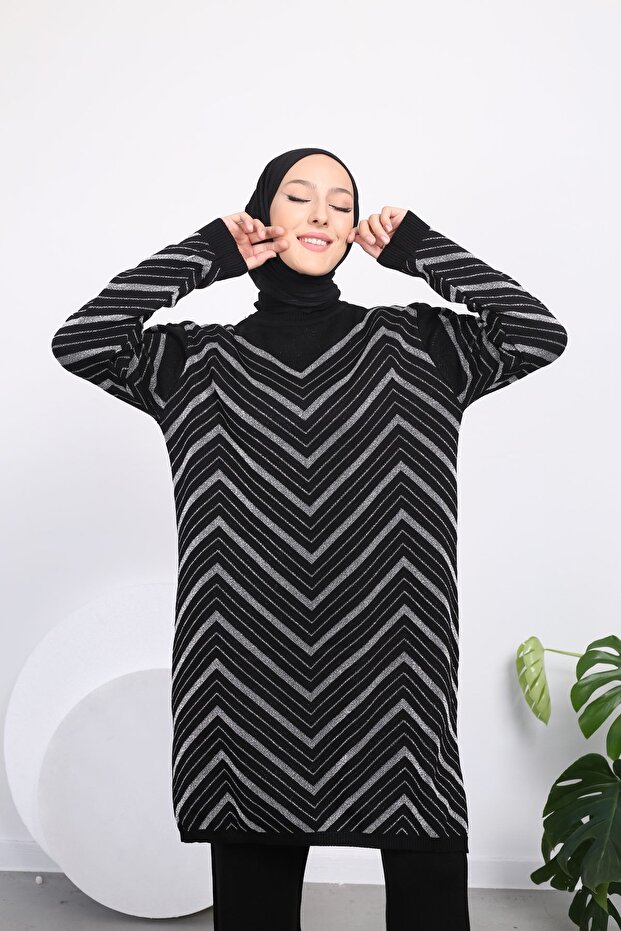 Long Zigzag Patterned Glitter Tunic Set - 2