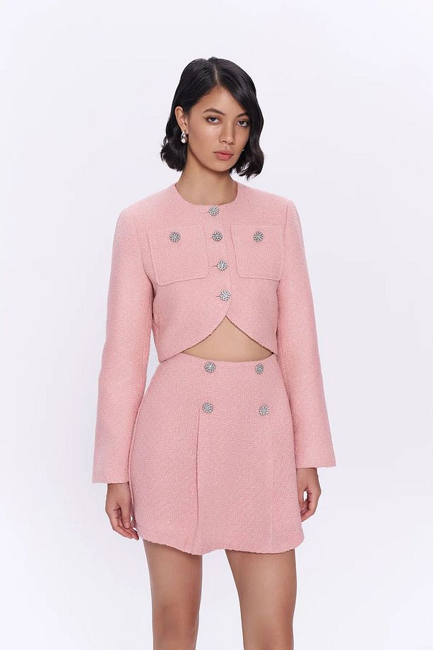 Parlak Taşlı Simli Tüvit Ceket Pembe - 1