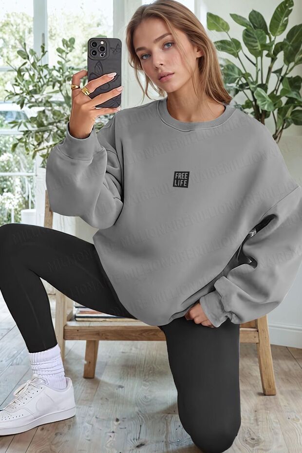 Women's Dark Gray Free Life Printed 0 Zero Neck Oversize Loose Fit Fleece Sweatshirt