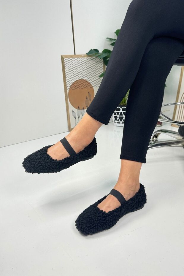 Daily Women's Black Ballerina Elastic Low Heel Serrated Sole Plush Lightweight Oval Toe Shoes 345