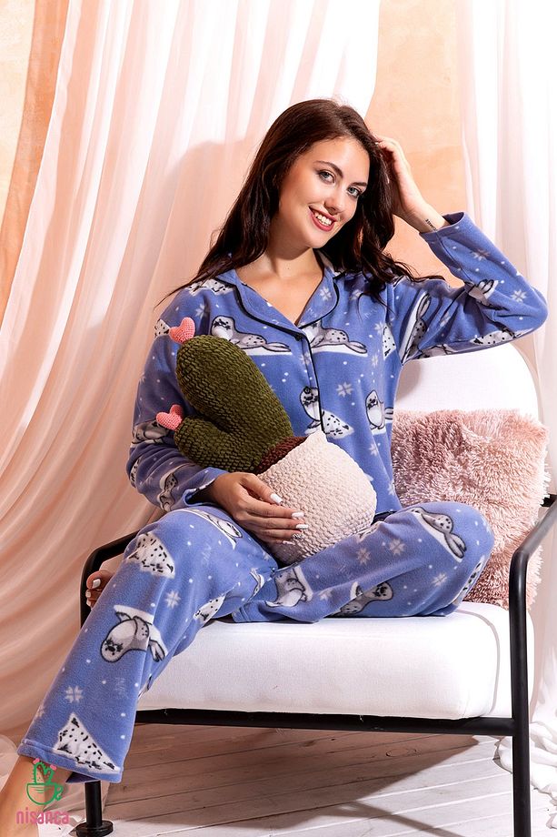 Kışlık Welsoft Peluş Inci Polar Düğmeli Pijama Takımı 'ipeksi Doku' - 1