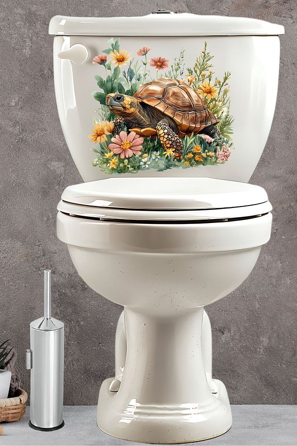 Klozet Sticker Sevimli Kaplumbağa ve Çiçekler Temalı Banyo Tuvalet Sticker - 4