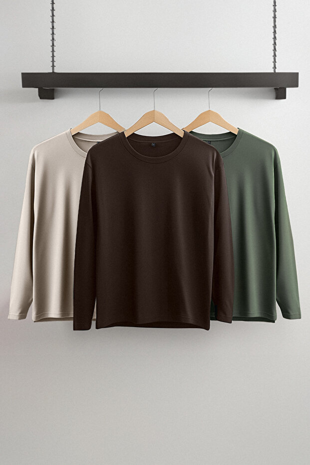 Koyu Kahve-Koyu Yeşil-Taş 3'lü Paket Slim/Dar Kesim %100 Pamuk Erkek T-Shirt TEDAW25TS00010