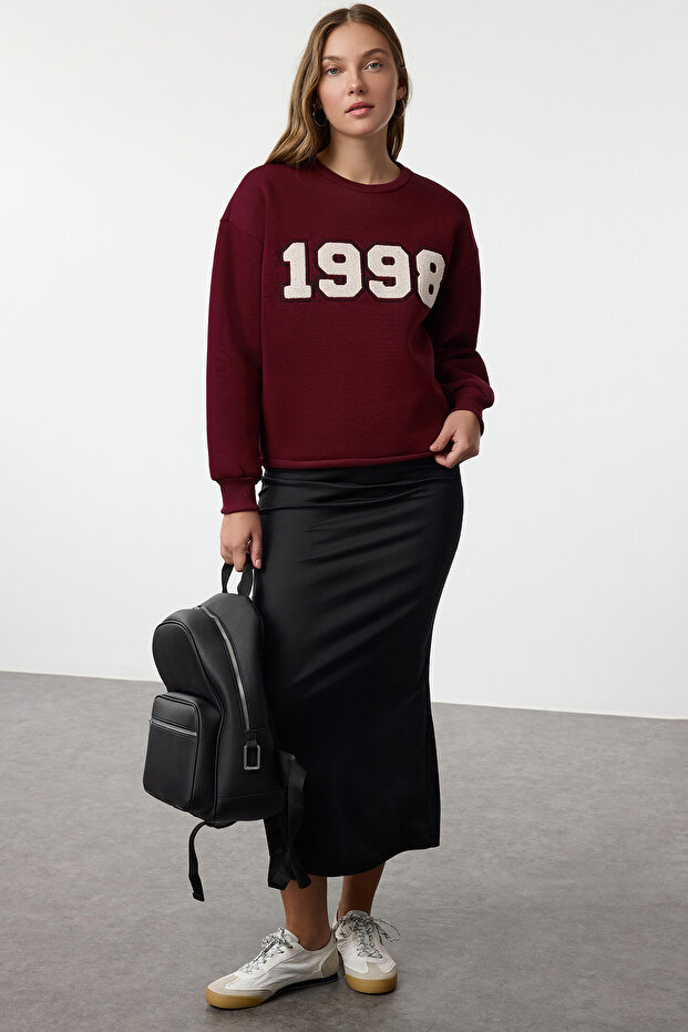 Bordo Kalın İçi Polarlı Regular/Normal Kesim Slogan Nakışlı Örme Sweatshirt TWOAW25SW00012 - 2
