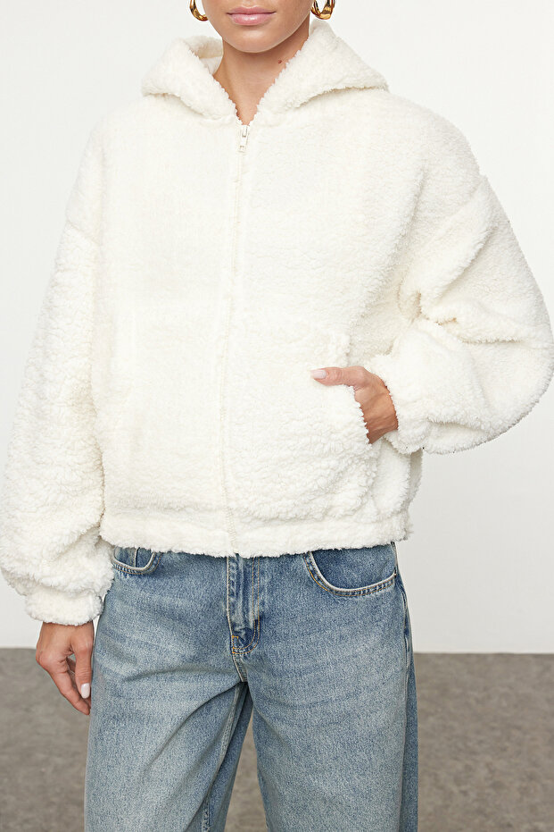 Ekru Peluş Regular/Normal Kalıp Kapüşonlu Fermuarlı Kalın Örme Sweatshirt TWOAW25SW00238 - 3
