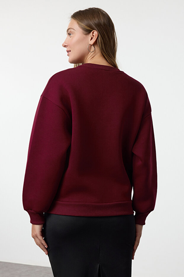 Bordo Kalın İçi Polarlı Regular/Normal Kesim Slogan Nakışlı Örme Sweatshirt TWOAW25SW00012 - 5