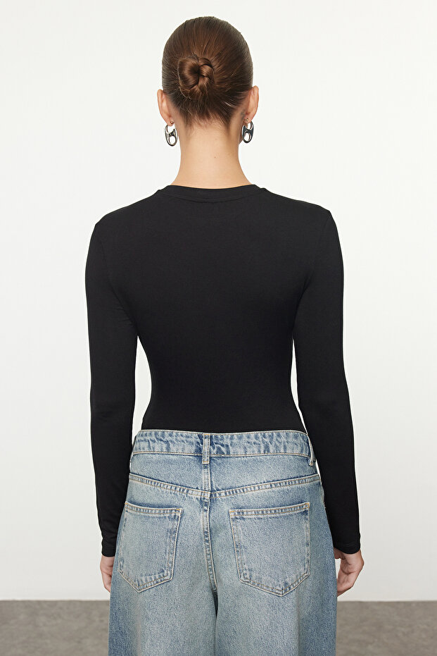Siyah Bisiklet Yaka Slim/Vücuda Oturan Örme Body TWOAW25BD00014 - 5