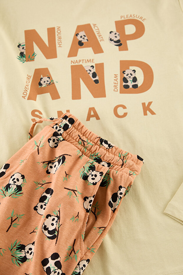 Turuncu Baskılı Regular Fit Örme %100 Pamuklu Pijama Takımı TMNAW25PT00041 - 2