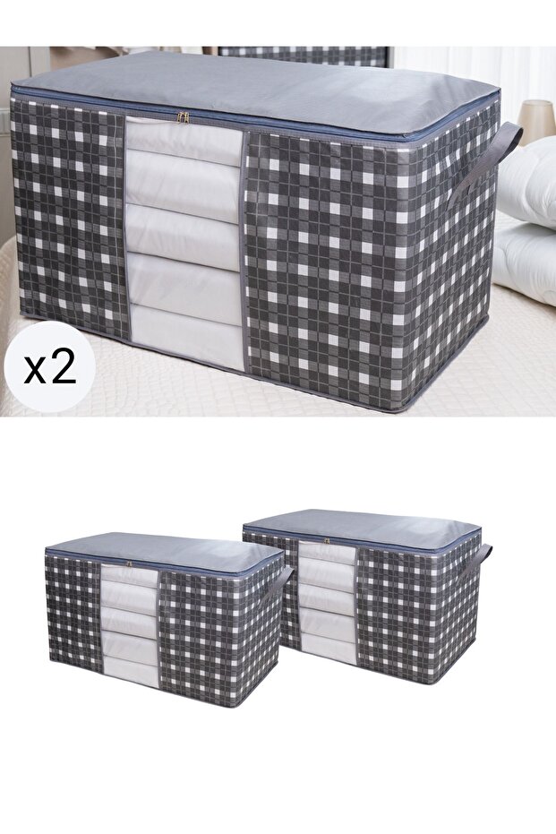 2 Pieces Mega Size Windowed Gray Square Pattern Plaid Pillow Quilt Organizer Storage 90X50X50 cm