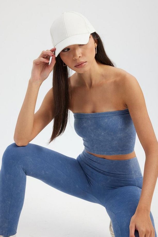 Asit Yıkama Straplez Fitilli Crop Top - 2