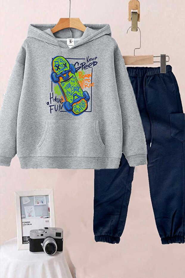 Skateboard Printed Hooded Fleece Inside Unisex Gray Children's Tracksuit Set