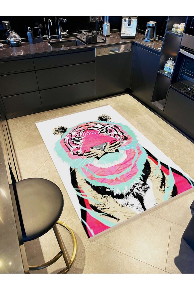 Pearl Collection Pink and Blue Detailed Tiger Pattern Woven Base Modern Decorative Carpet Inci31