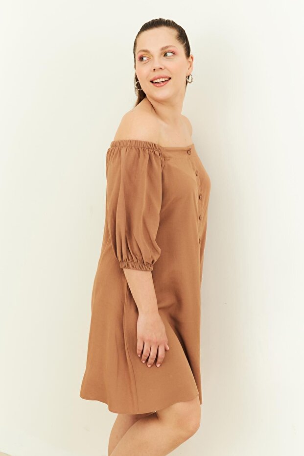 CAMEL DÜĞMELİ KETEN ELBİSE - 3
