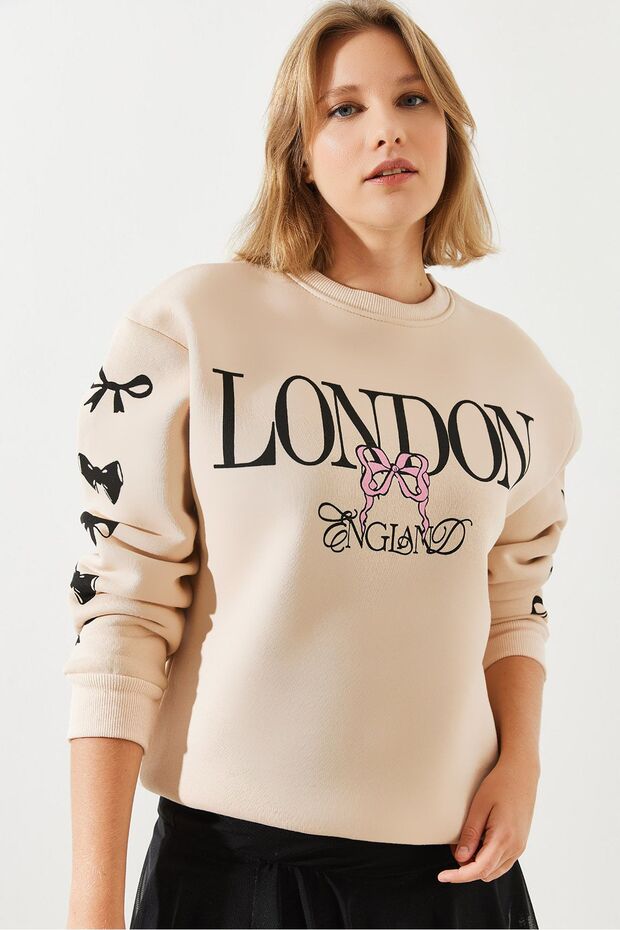 Women's Beige Three Threaded London Life Graphic Printed Sweatshirt Mbhs004 60601004