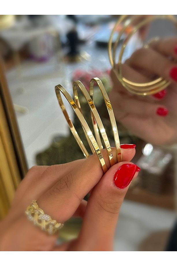 Tam 14K Altın Renginde Çelik Karamaz Bire Bir Kuyum Model Üçlü 60mm Ajda Bilezik ( Küçük Bilekler ) - 1