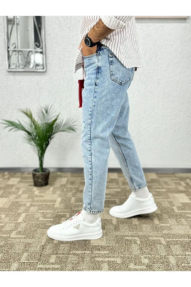 Erkek Buz Mavi Boyfriend Kalıp Yırtık Detaylı  Jean Pantolon - 1