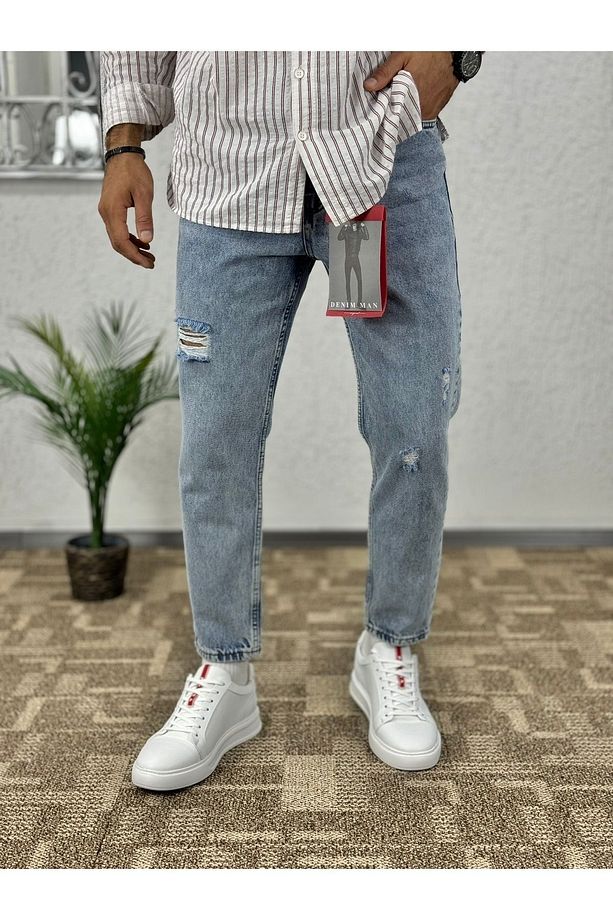 Erkek Buz Mavi Boyfriend Kalıp Yırtık Detaylı  Jean Pantolon - 3